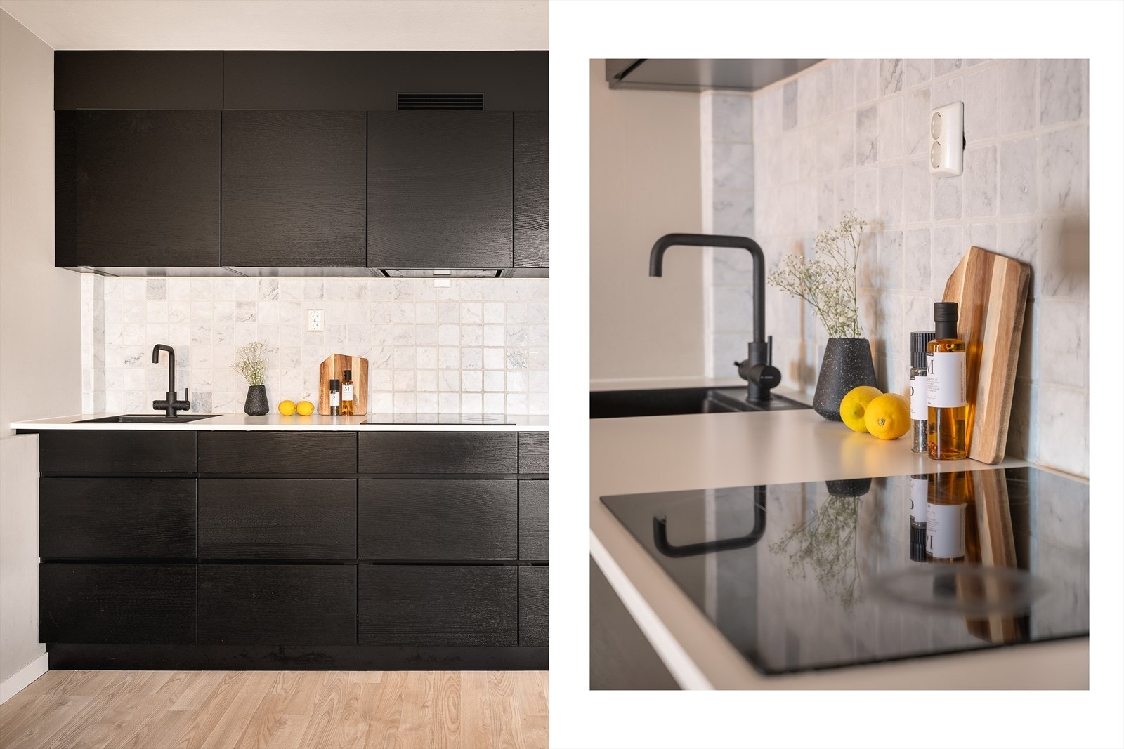 Laminat benkeplate med sort oppvaskkum og matchende kjøkkenkran. Galleribilde