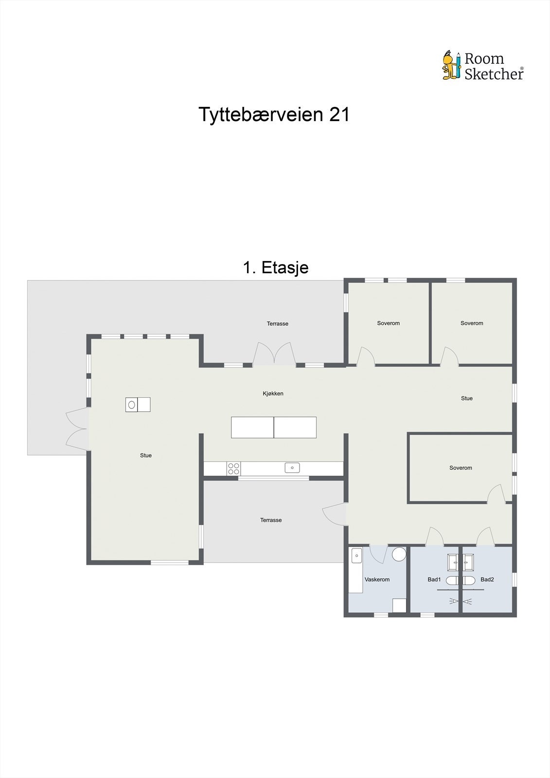 Boligen har en behagelig planløsning med alt på en flate og er godt tilrettelagt for et sosialt familieliv. Galleribilde