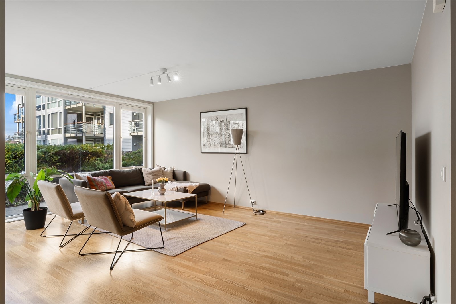 Parkett på gulv og malte slette overflater i behagelige farger. Galleribilde