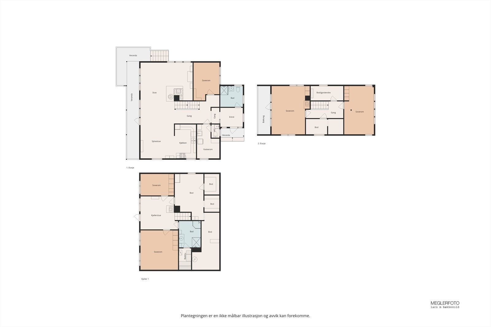 Plantegningene gir en god oversikt over boligens totale areal og romfordeling over tre plan. Galleribilde
