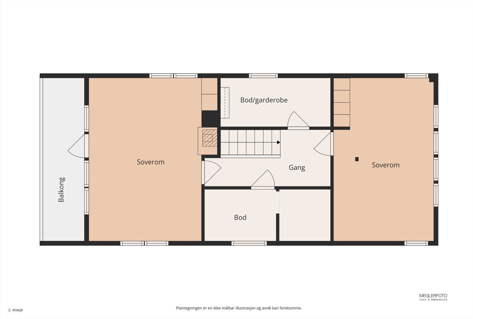 Andre etasje inneholder gang, to romslige soverom og to boder for lagring. Galleribilde