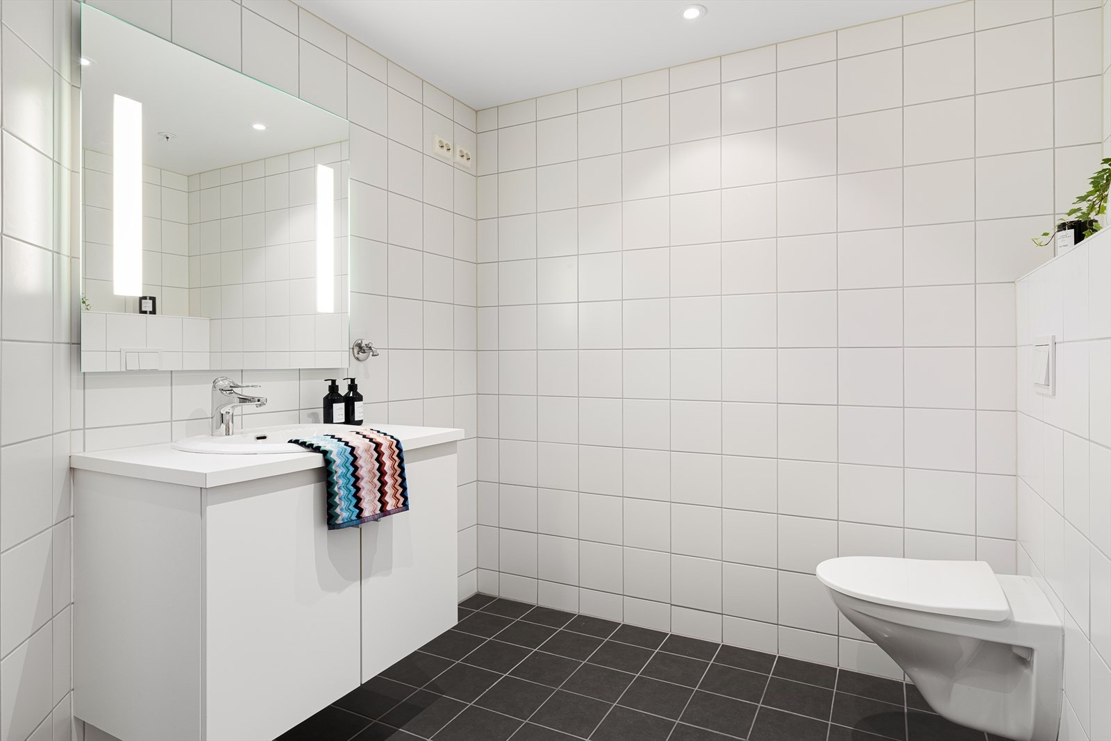 Vegghengt wc og vask i seksjon. Opplegg for vaskemaskin. Spotter i tak. Galleribilde