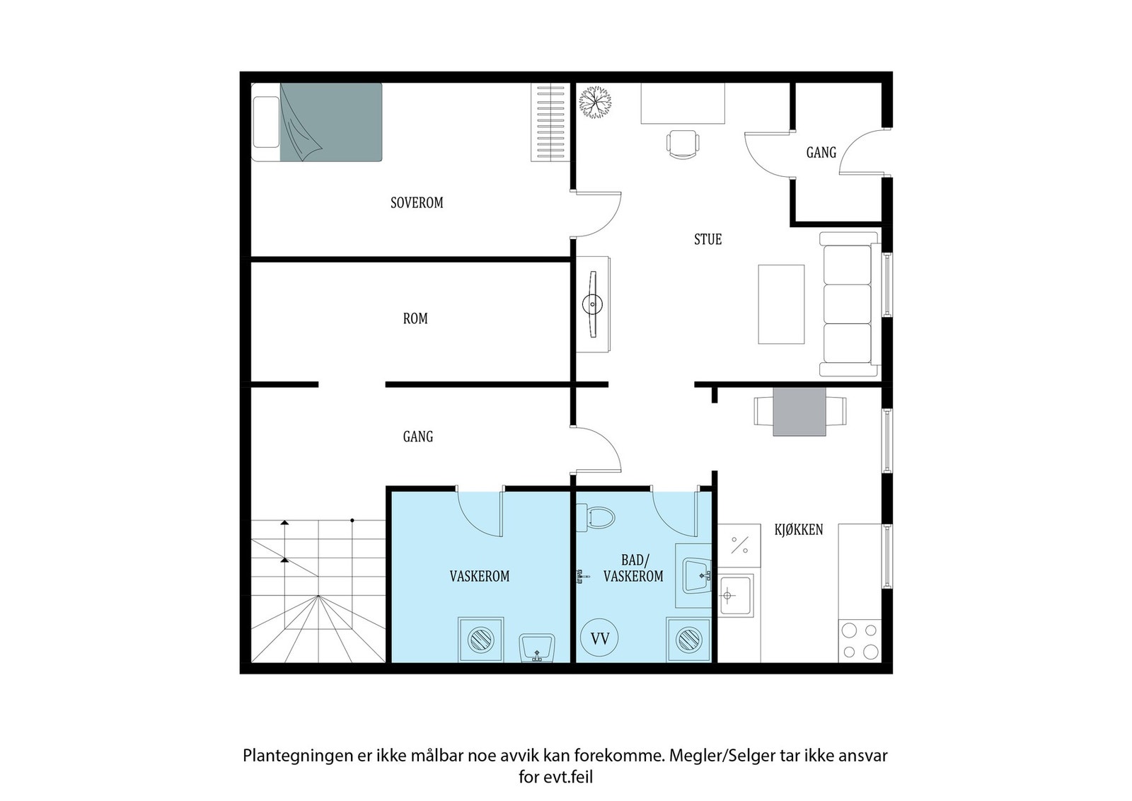 Plantegning kjeller med utleiedel (merk at denne ikke er godkjent. Rommene er tegnet inn som boder). God lagringsplass til hoveddelen Galleribilde