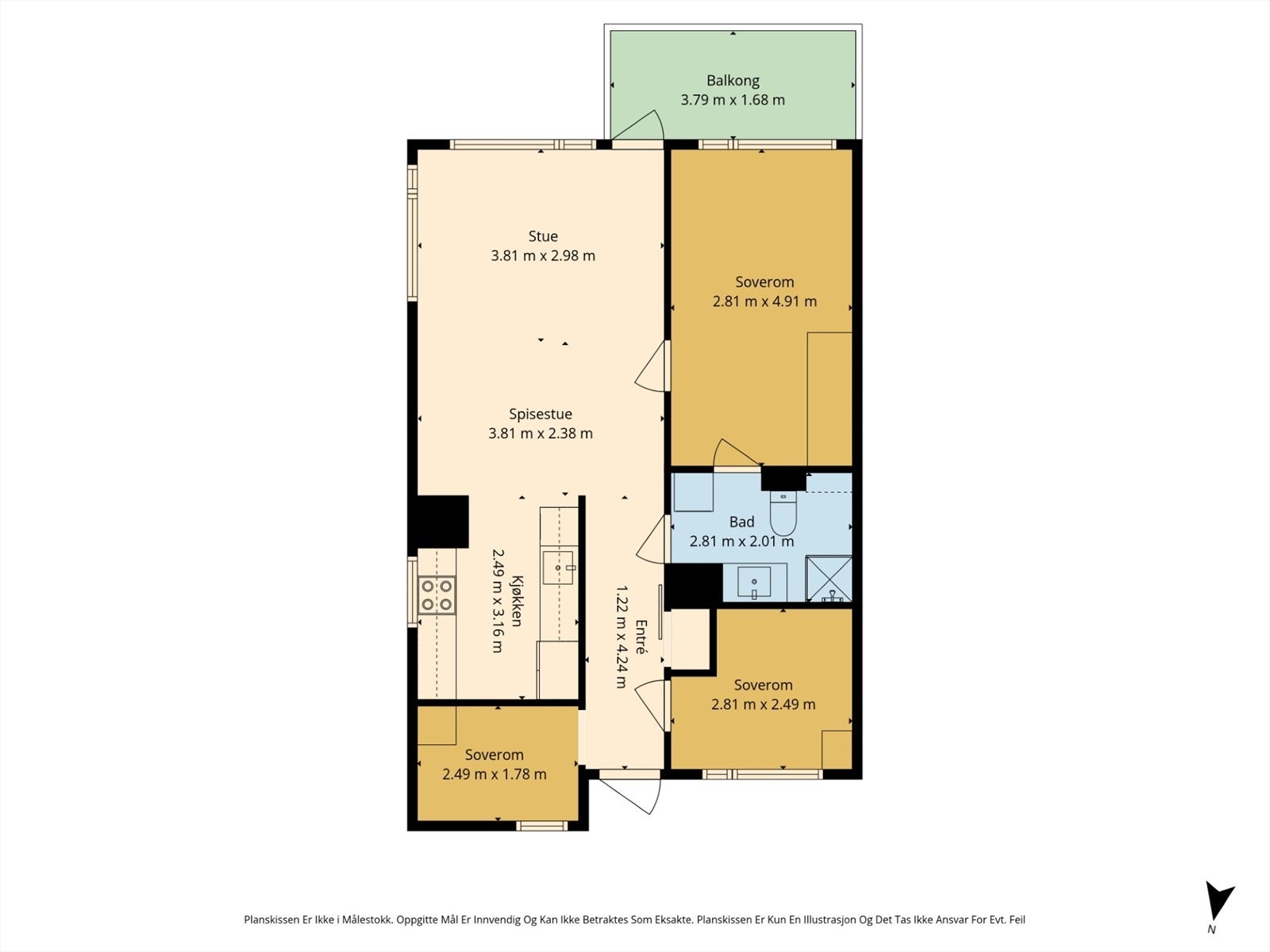 Plantegning, det minste soverommet i vegg mot kjøkken tilfredsstiller ikke krav til et soverom. Galleribilde