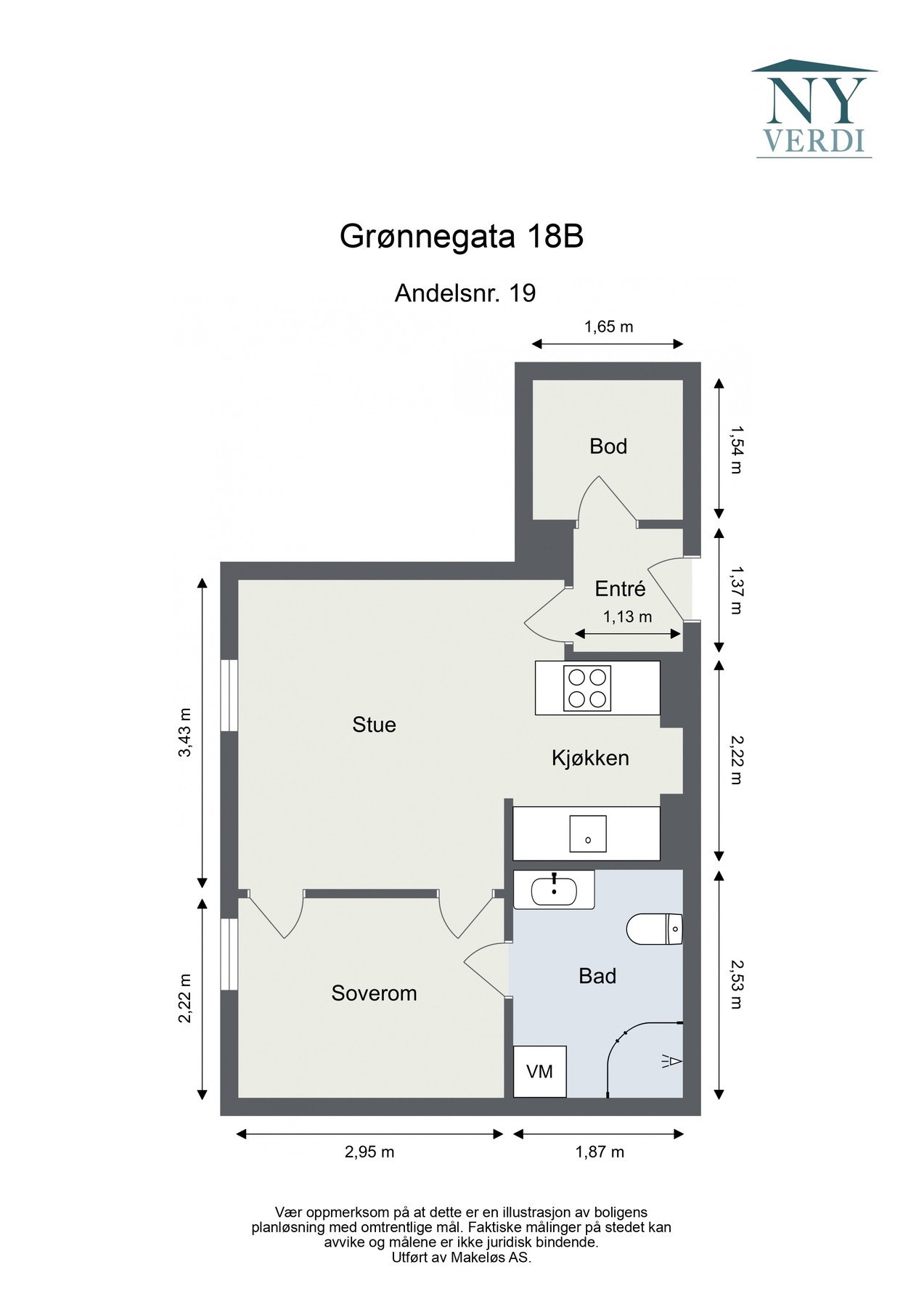 Plantegning. Leiligheten disponerer bod i kjeller Galleribilde