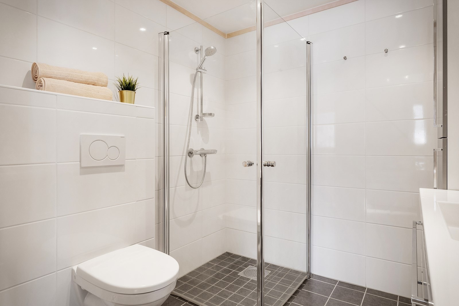 Badet er utstyrt med foldedører i dusj, veggtoalett og baderomsinnredning med heldekkende servant, samt belyst spei Galleribilde