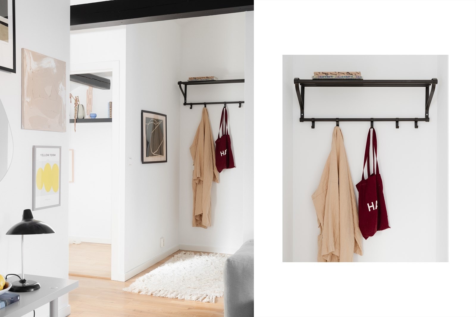 Her har du god plass til å henge fra deg yttertøyet. Galleribilde