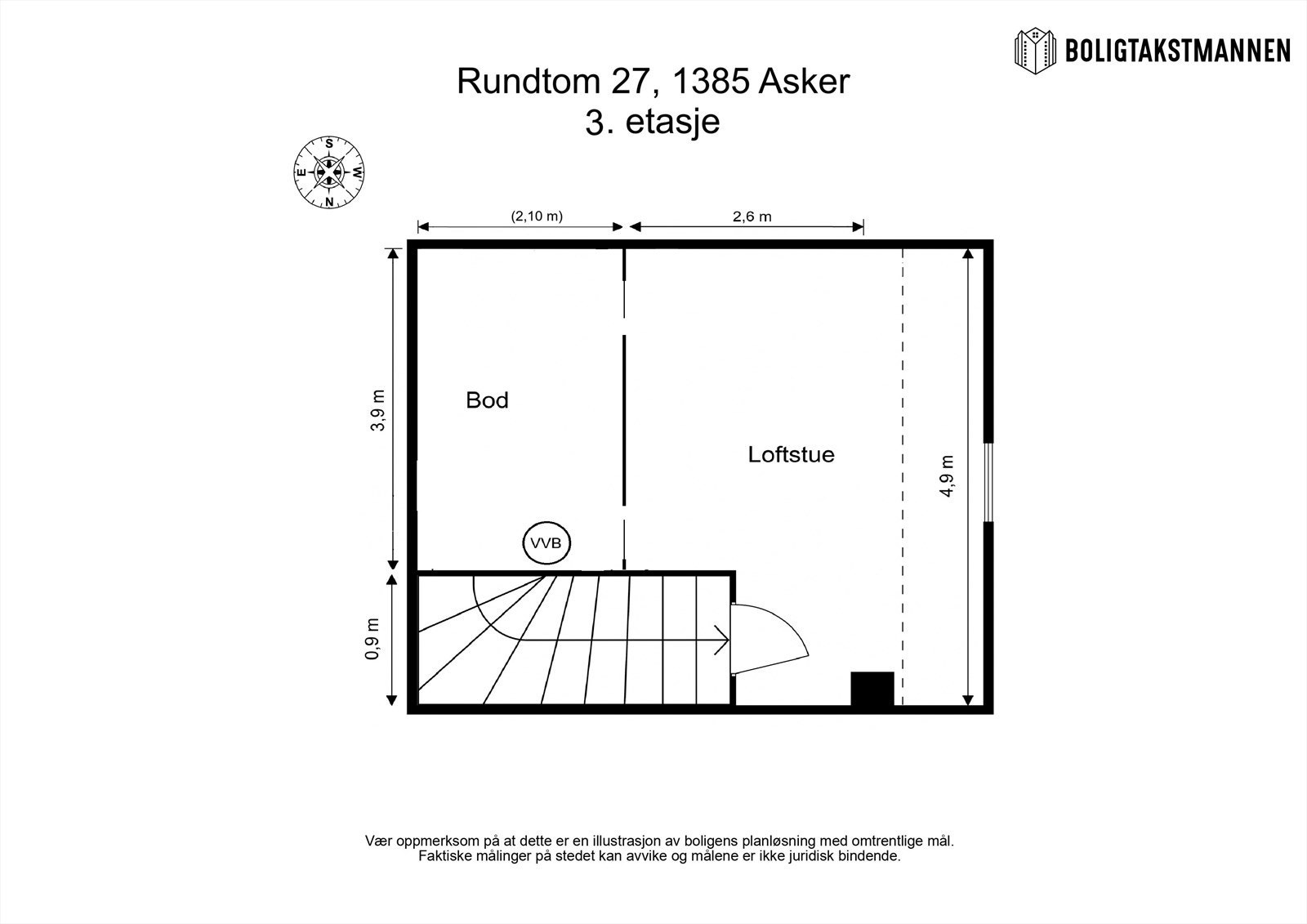 Plantegning 3. etasje. Loftstuen er byggemeldt som uinnredet loft og er ikke omsøkt/godkjent til varig opphold. Galleribilde