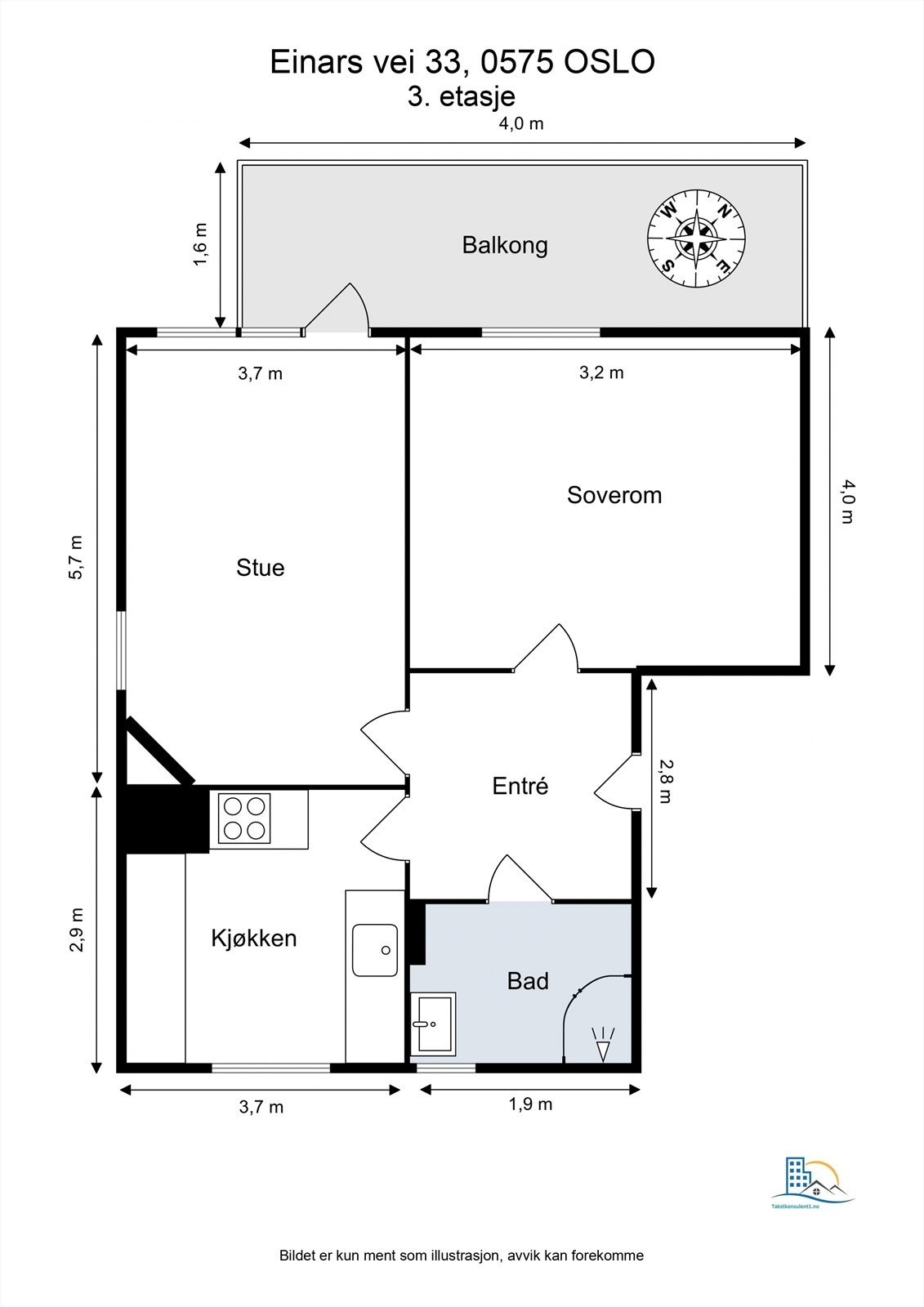 Planløsningen er arealeffektiv og fordeler 57 m² på entré, stue, kjøkken, bad og soverom. Galleribilde