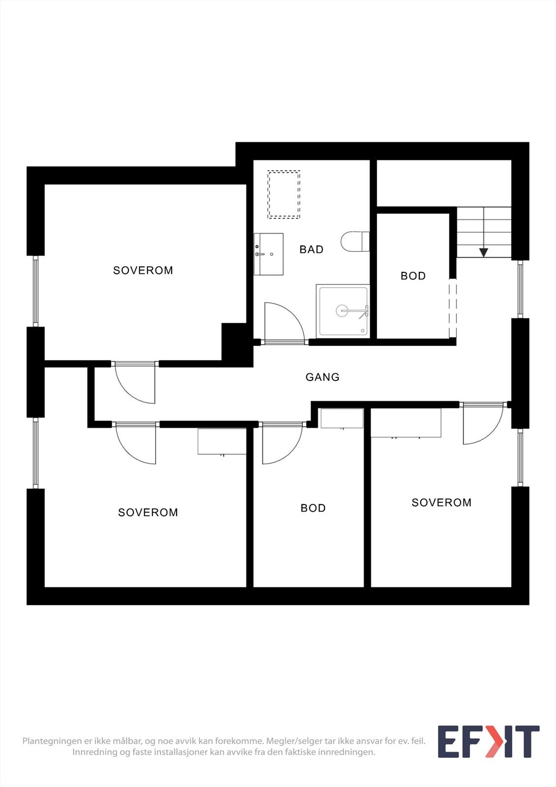 Andre etasje inneholder tre soverom, walk-in closet, et bad og en bod, samlet rundt en sentral gang. Galleribilde