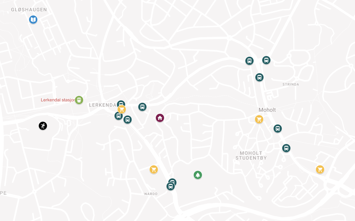 Oversikt over fasiliteter i nærheten. Ca 10 minutters gange til NTNU Gløshaugen. Galleribilde