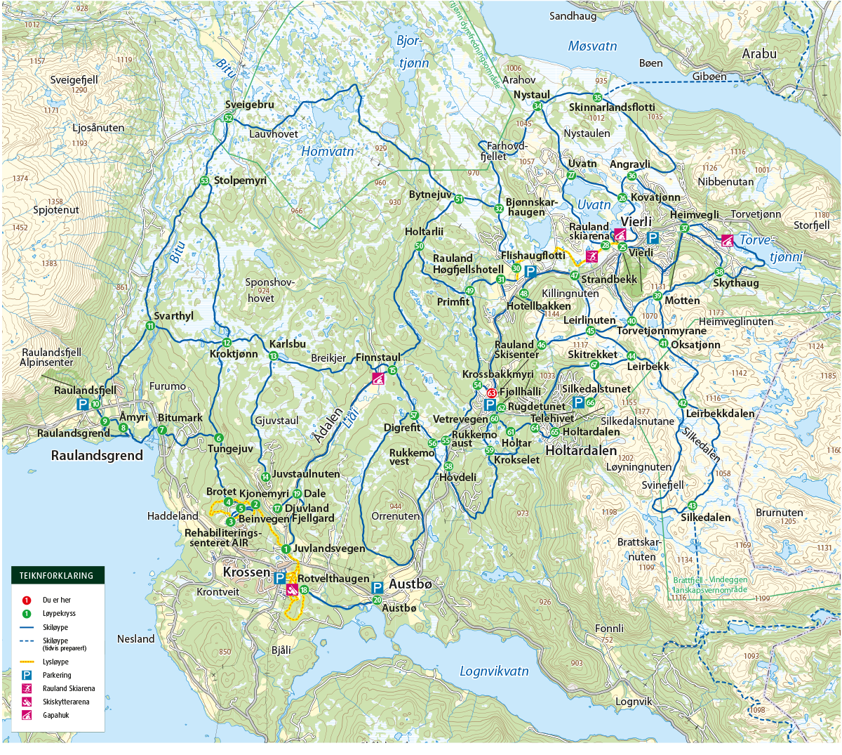 Direkte tilgang til Raulands omfattende langrennsløypenett med ca. 150 km oppkjørte løyper i flott fjellterreng. Galleribilde