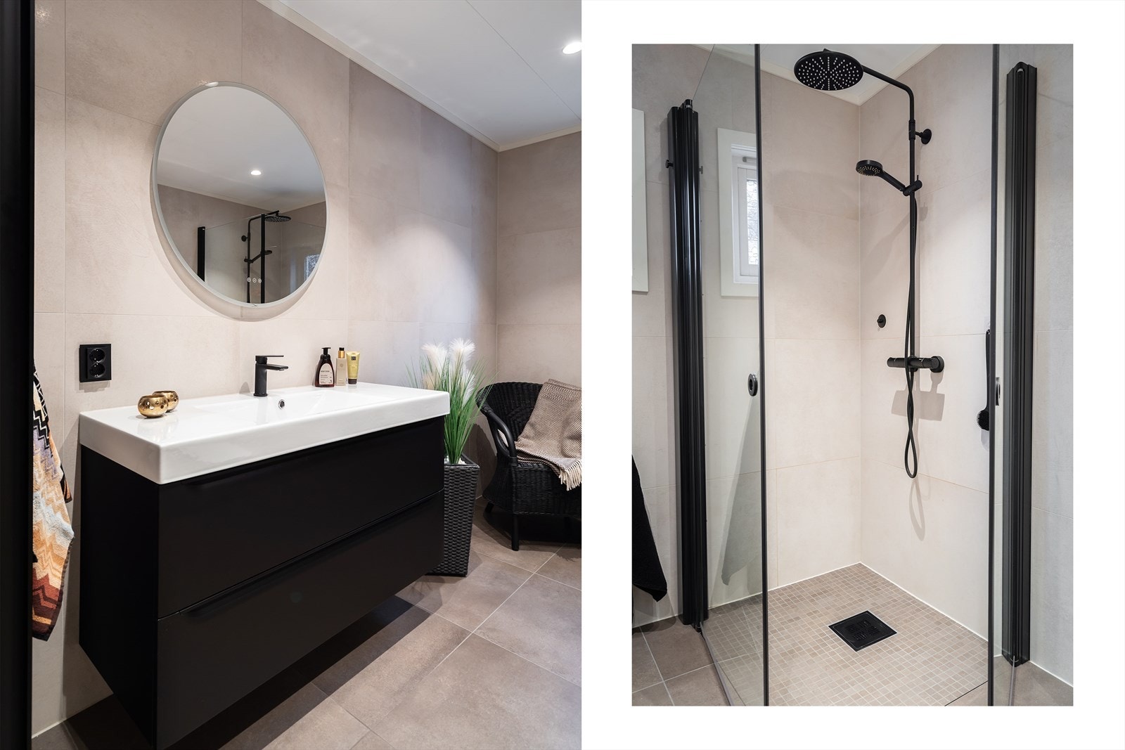 Dusjnisje med regndusj og veggmontert servant gir en praktisk baderomsløsning. Galleribilde