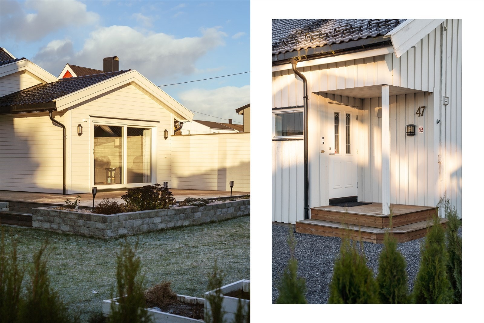 Skyvedører gir tilgang til terrassen, mens inngangspartiet har en overbygget trapp. Galleribilde