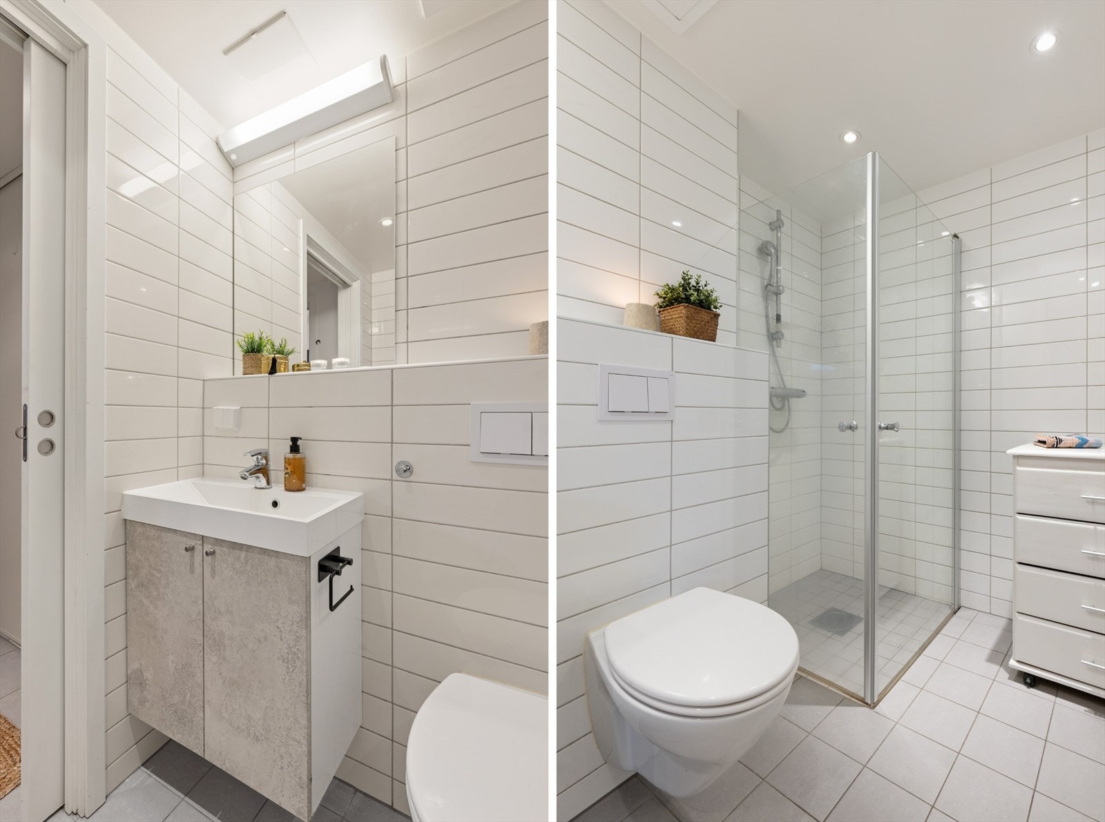 Baderomsinnredning med servantskap, dusjhjørne og vegghengt toalett. Galleribilde