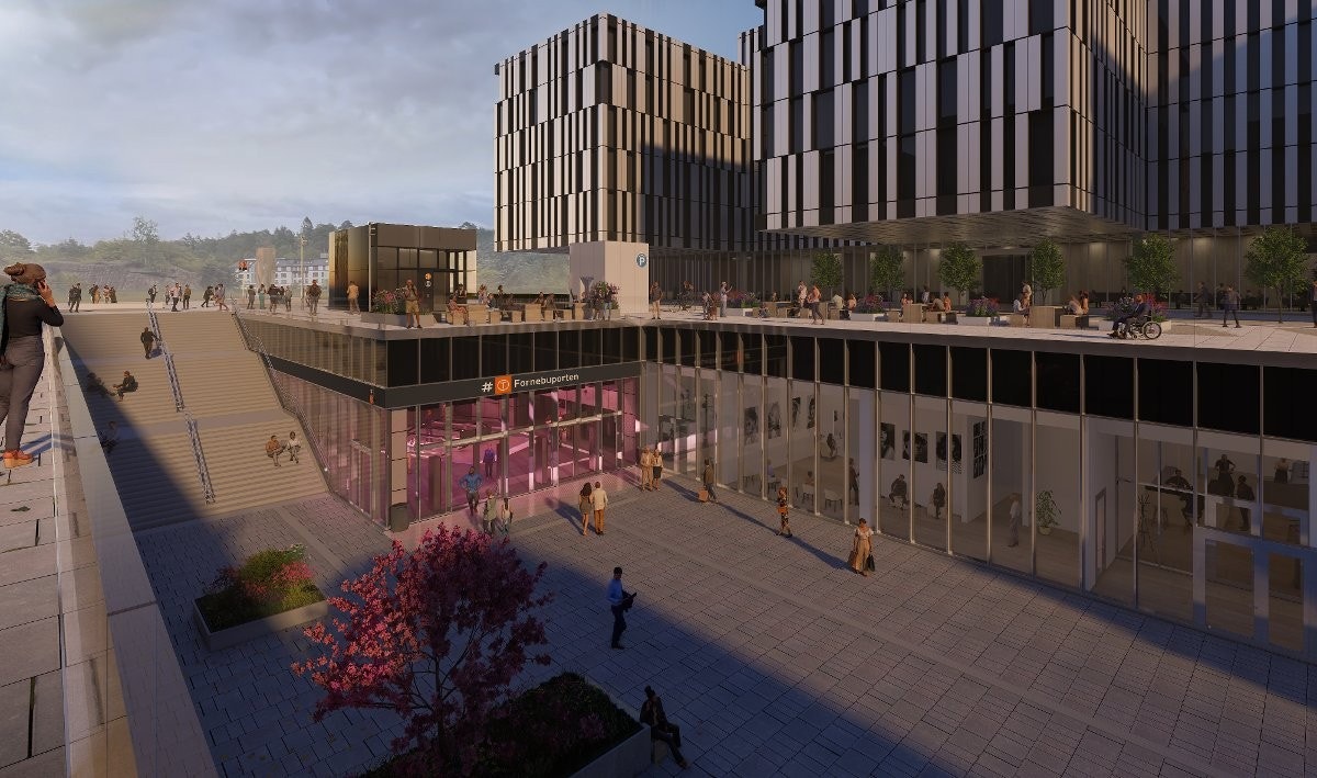 Fornebuporten stasjons oppgang i Akerkvartalet. Galleribilde