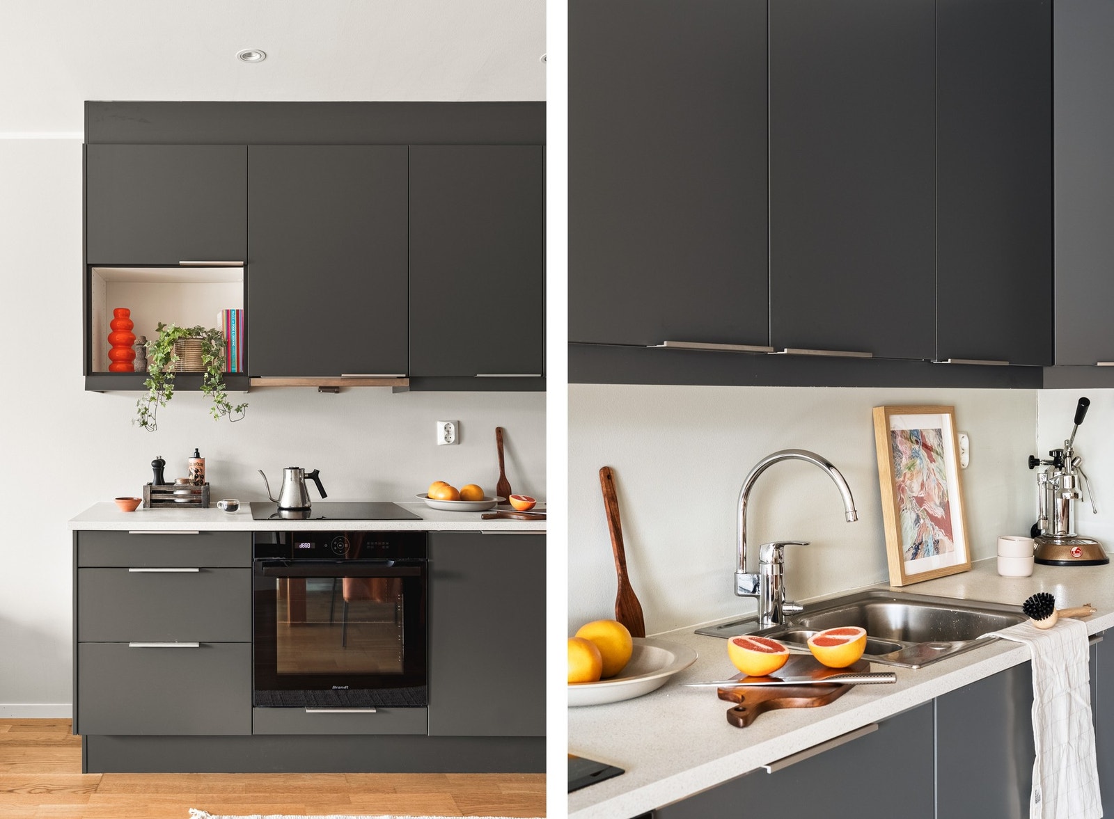 Videre er kjøkkenet integrert med stekeovn, platetopp, ventilator, oppvaskmaskin og kjøleskap med frysedel. Galleribilde