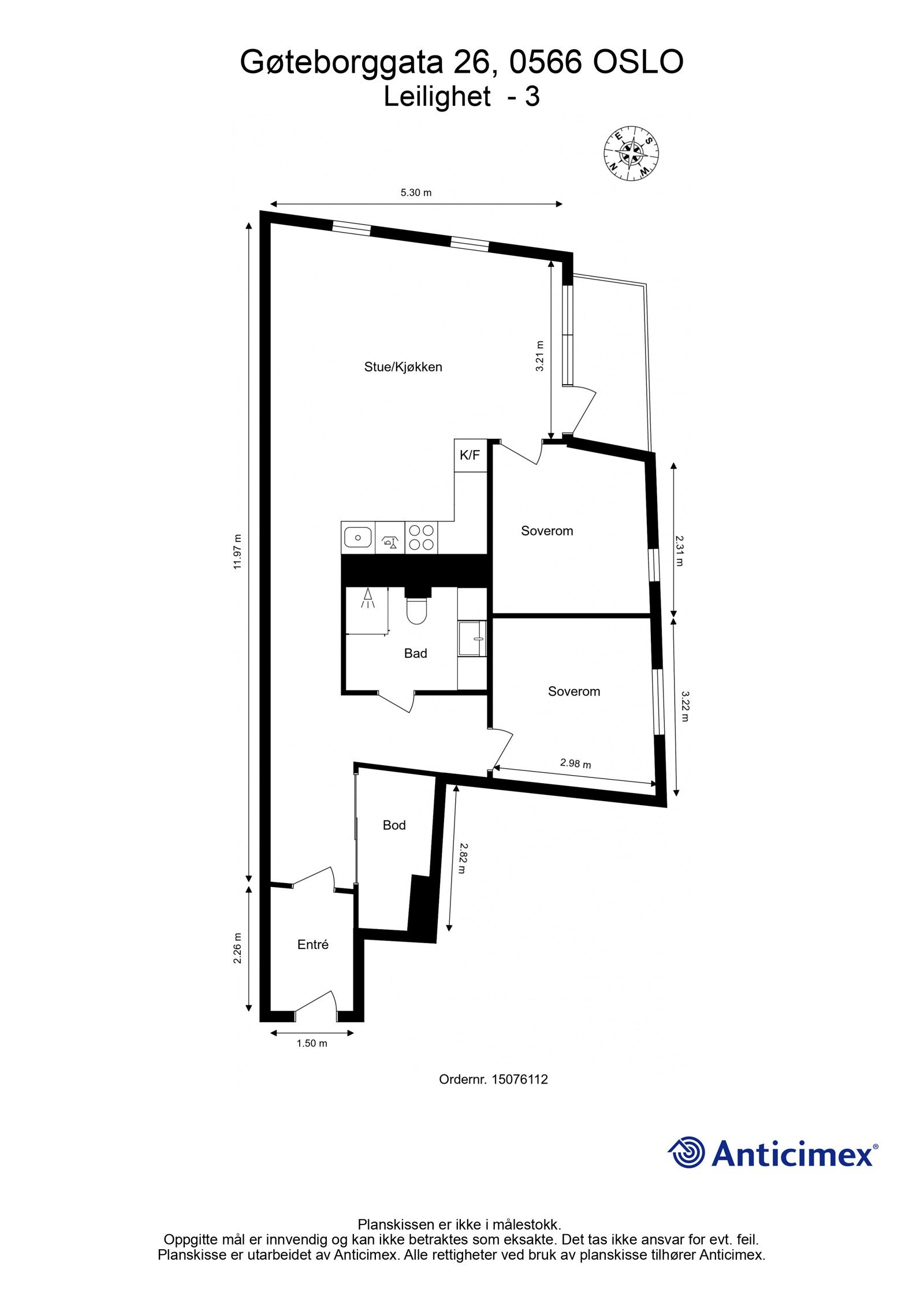 Plantegning 3. etasje med heis. I tillegg disponerer leiligheten en bod på ca. 5m² i underetasjen. Galleribilde