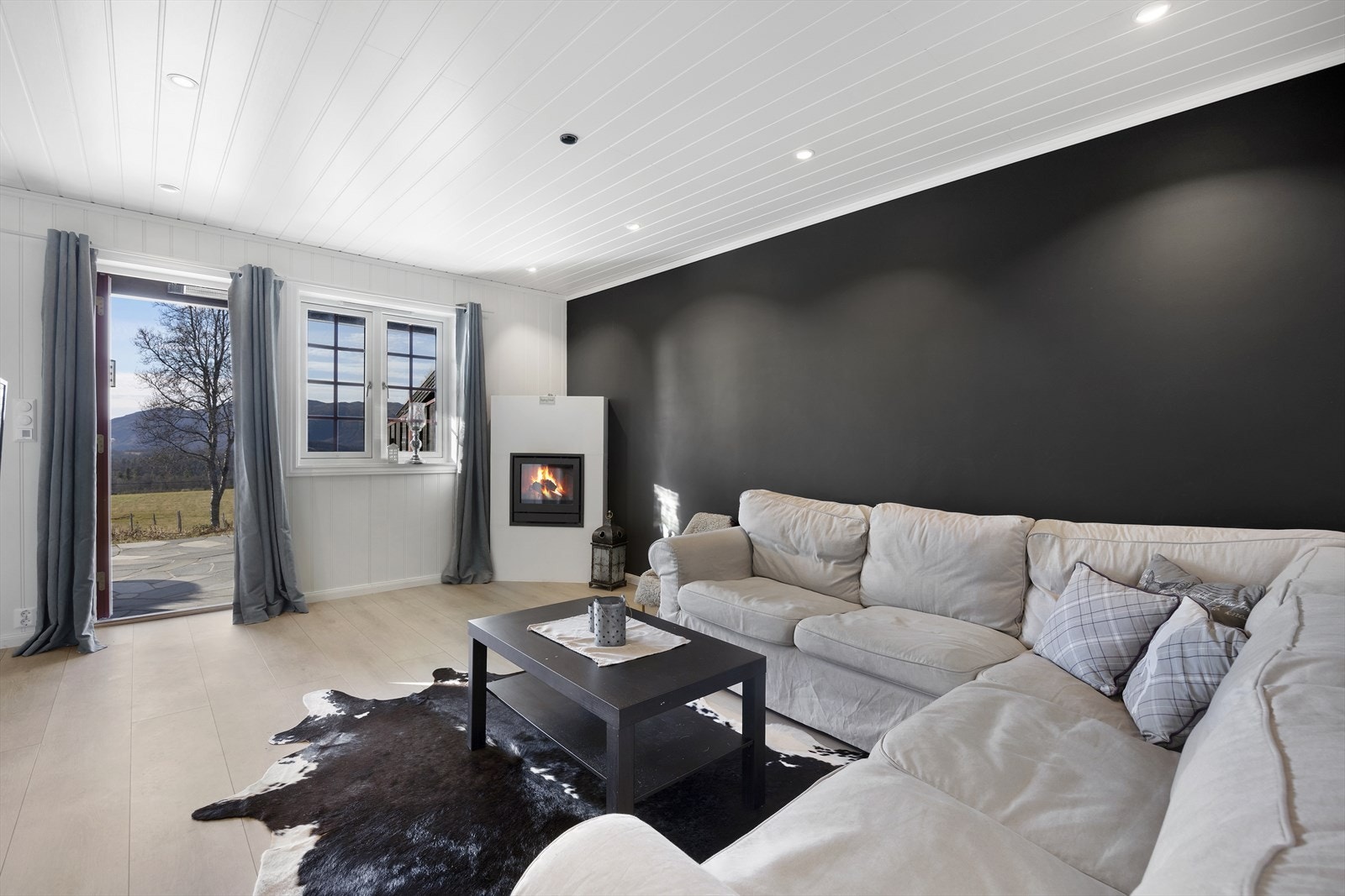 Elegant stue med en gasspeis og god plass til både sofa og stuebord. Galleribilde