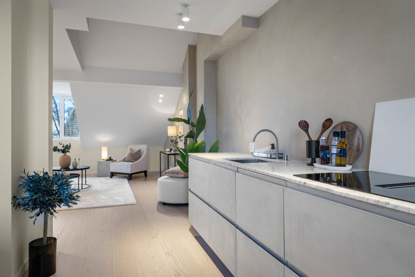 Videre er kjøkkenet innredet med integrerte hvitevarer som to integrerte komfyrer, platetopp med integrert kullfilter vite, oppvaskmaskin og kjøl/frys. Galleribilde