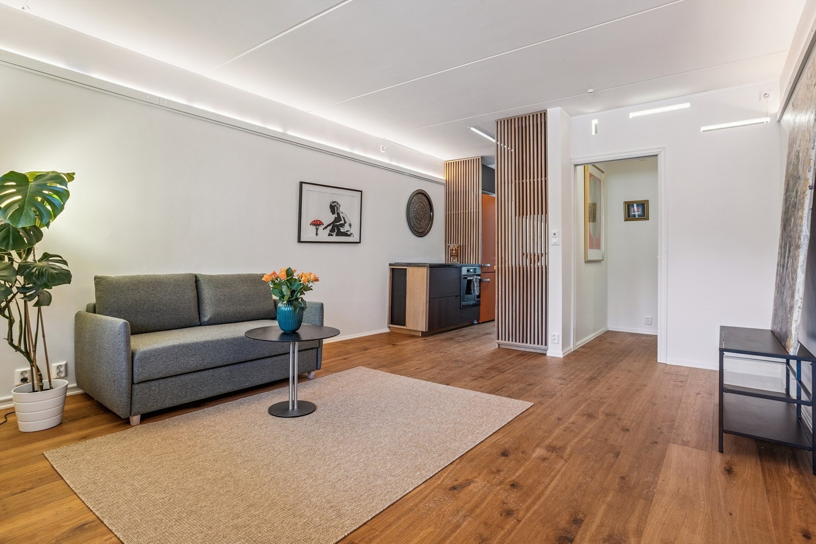 Legg merke til spilevegger, samt lys mot tak. Det er også veldig stilig løsning for oppheng av kunst. Galleribilde