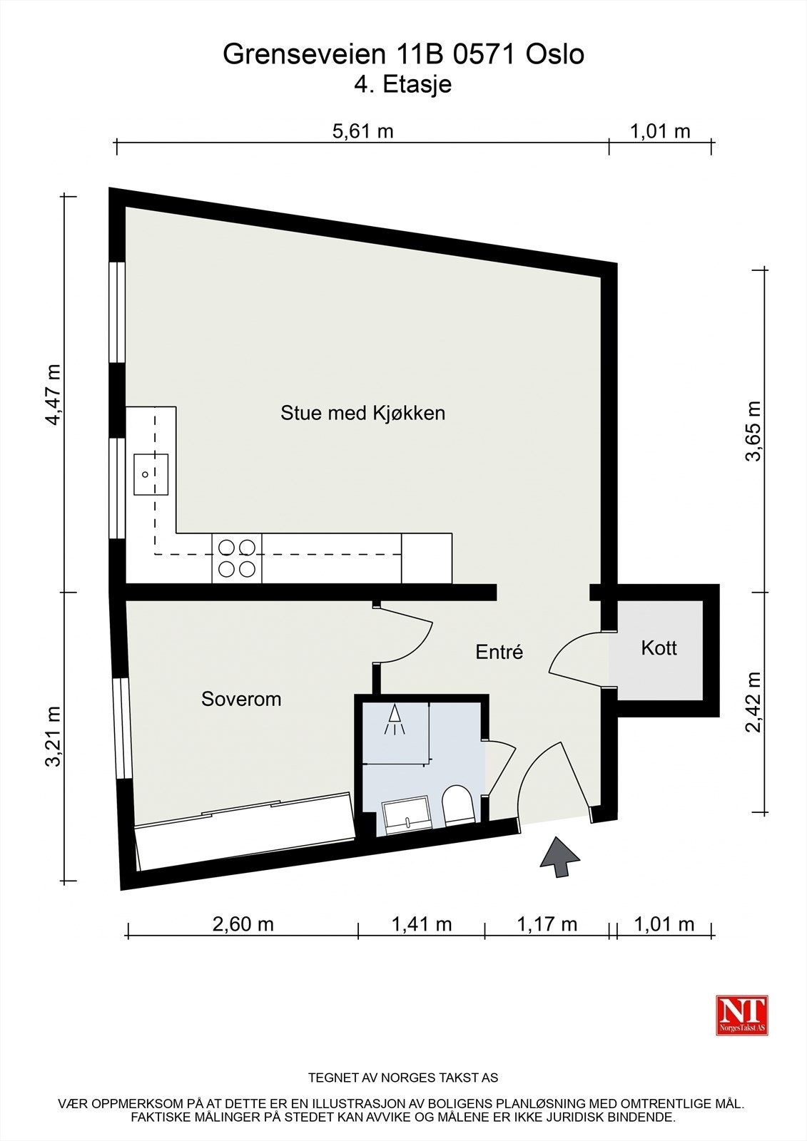 Leiligheten har en arealeffektiv planløsning med entré, bad, soverom og stue med åpen kjøkkenløsning. Galleribilde