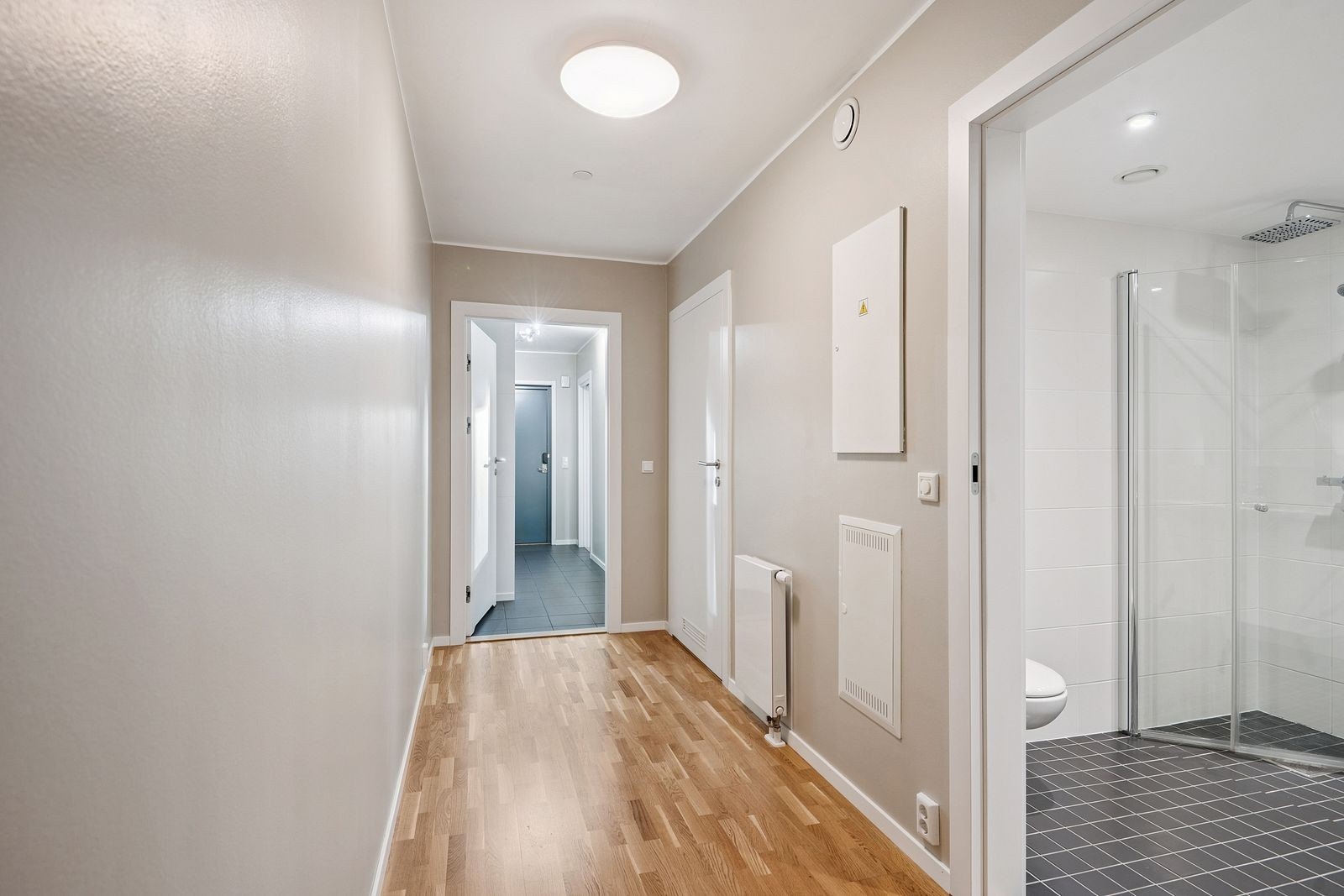 Boligen disponerer en romslig gang med adkomst til entre, innebod og bad. Galleribilde