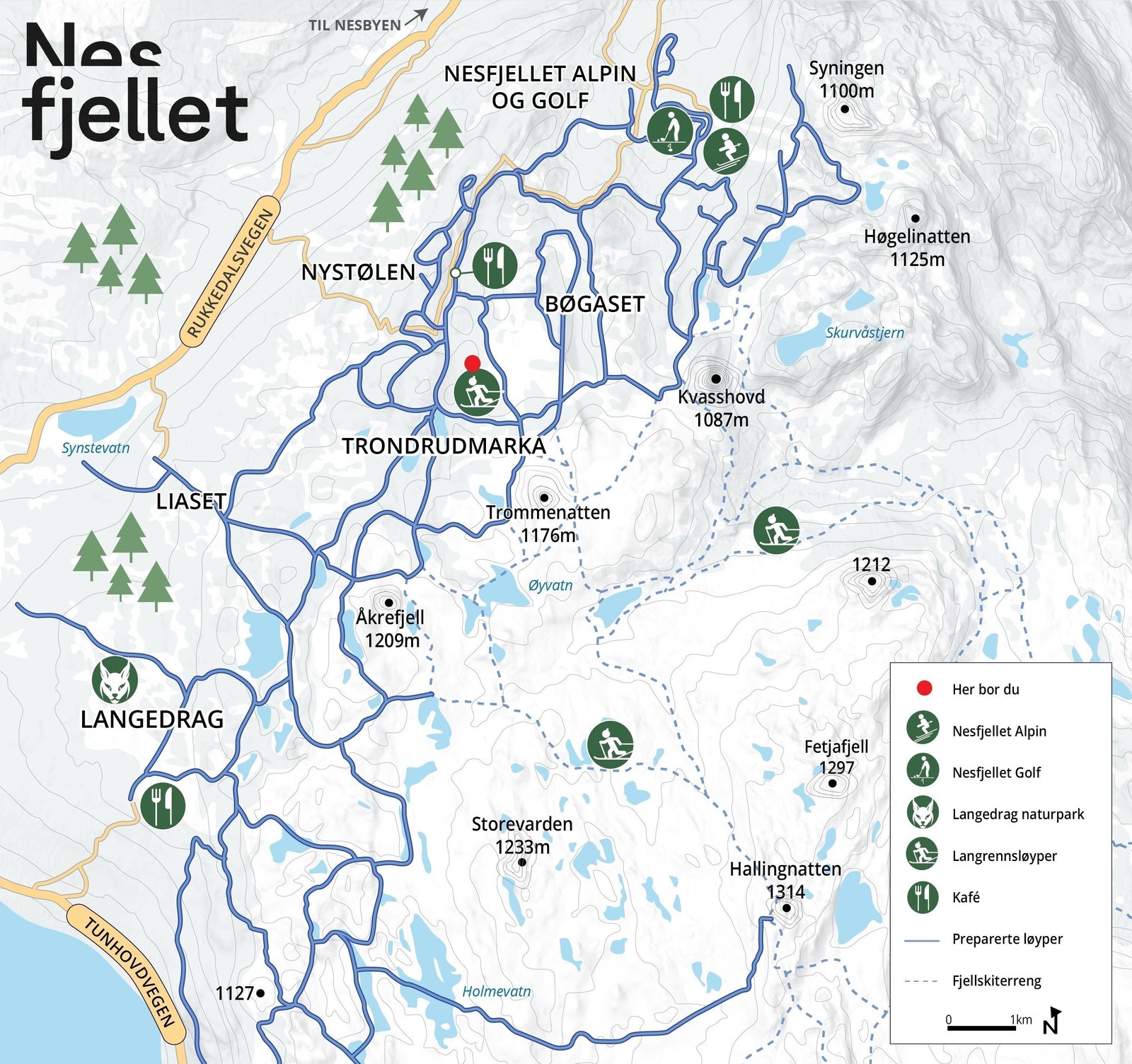 Oversikt over langrennsløyper - Timmermannsstølen markert med rød prikk Galleribilde