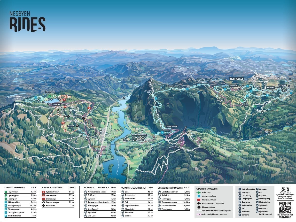 Oversikt over sykkelstier- og løyper i Nesfjellet og Nesbyen Galleribilde
