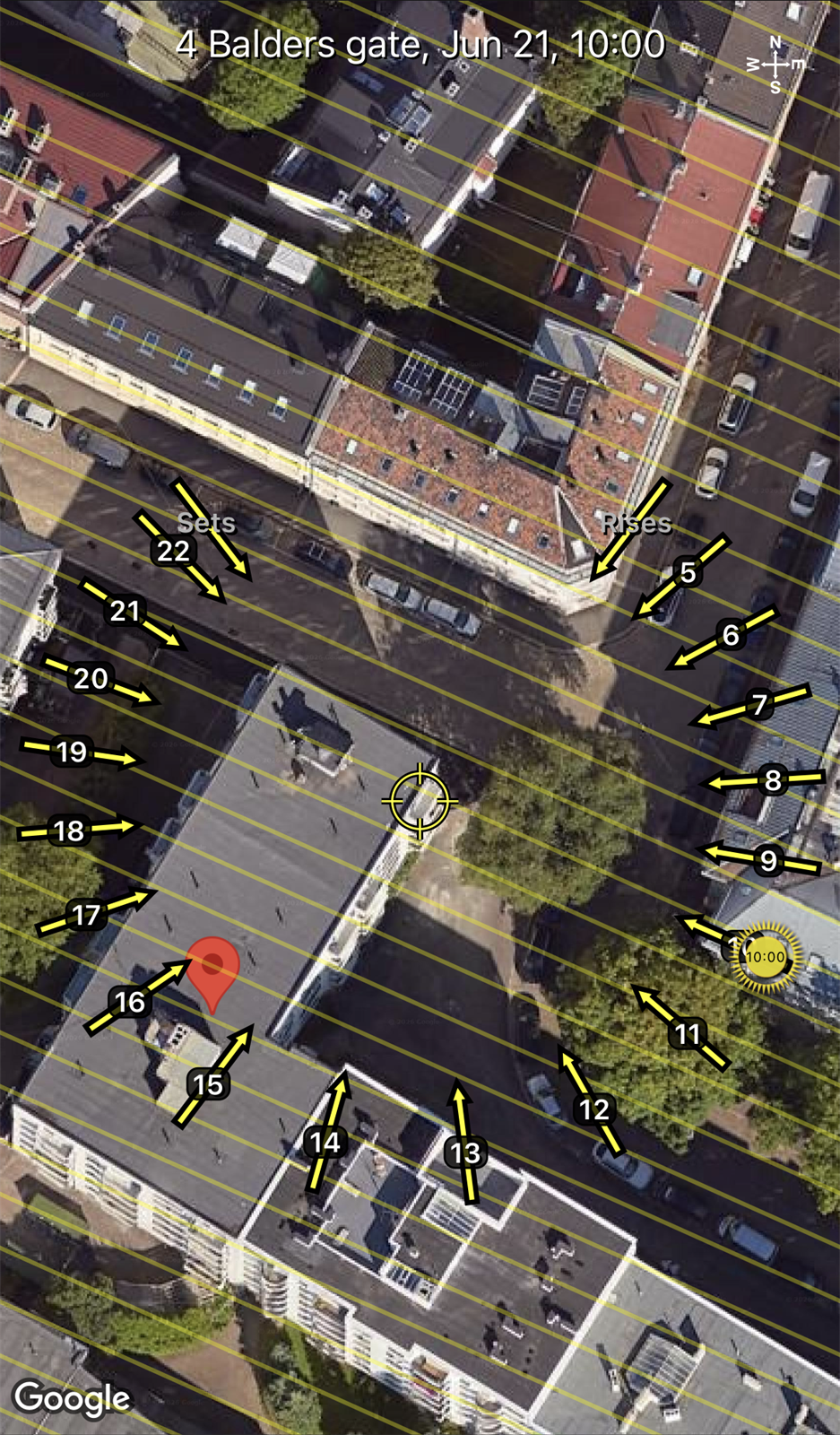 Skjermbilde fra appen Sun Seeker som viser solbanen pr. 21.juni. Sol fra tidlig morgen Galleribilde