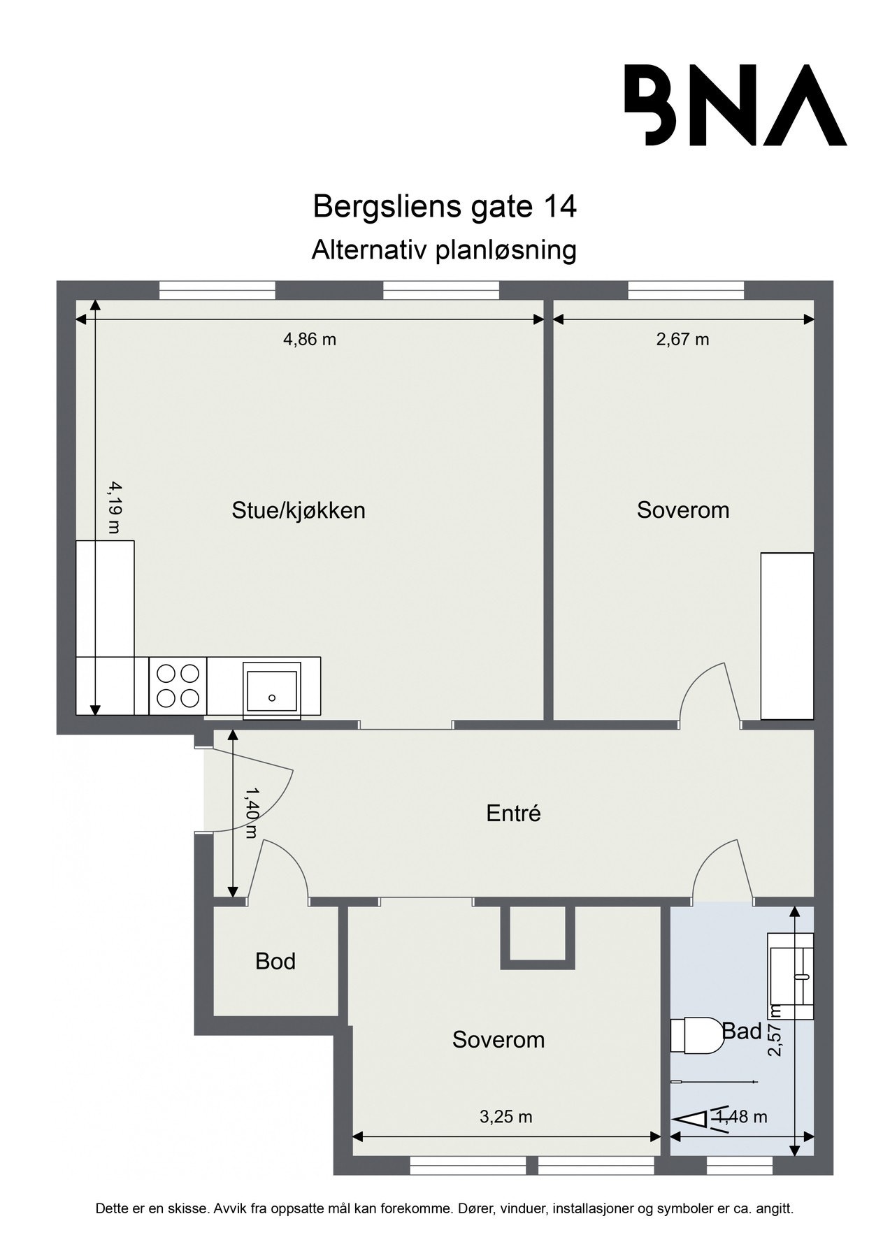 Forslag til 3-roms løsning. Denne løsningen vil nok kreve pumpe for at det skal fungere optimalt. Det gis ingen garanti for at denne løsningen lar seg gjøre Galleribilde