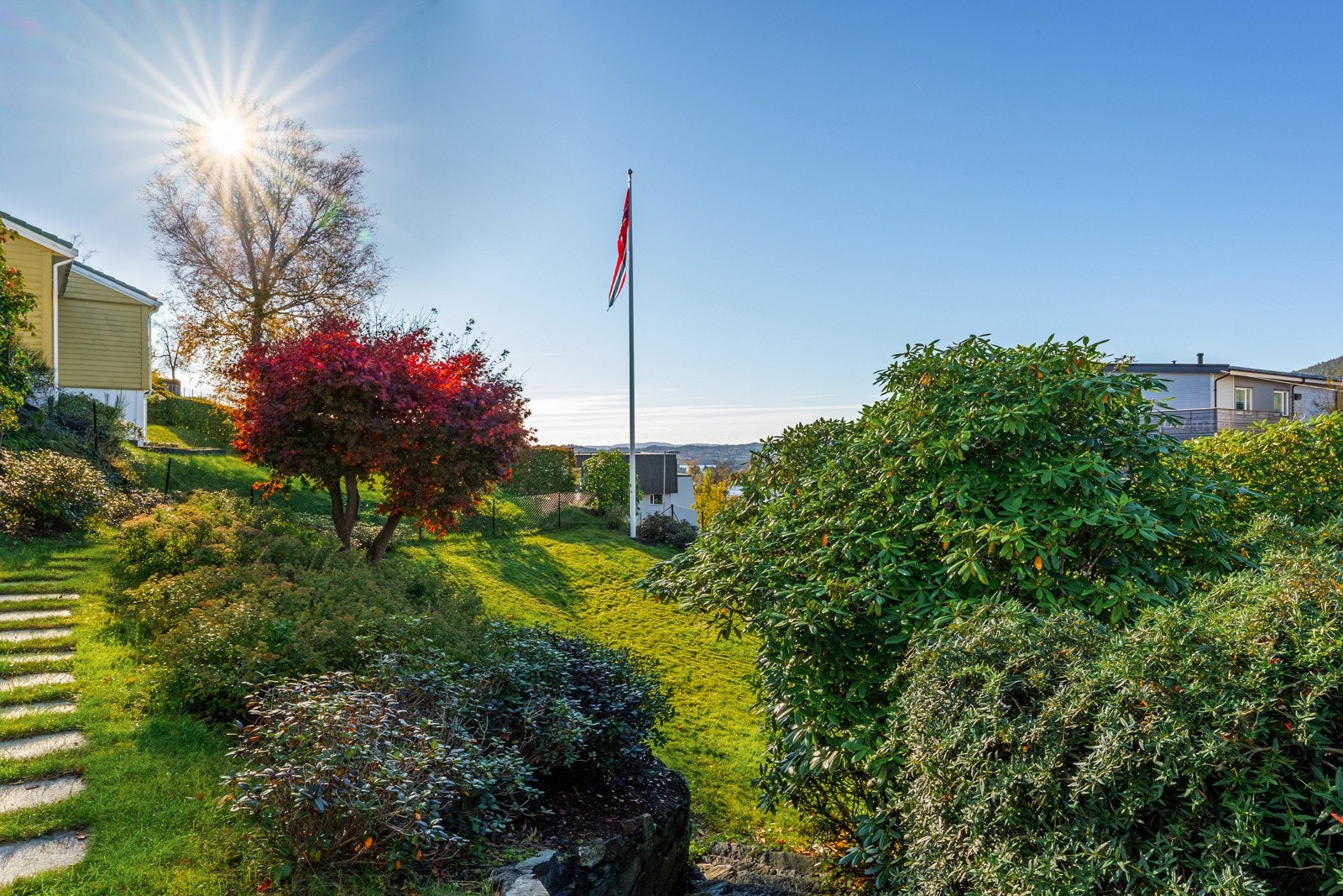 Frodig hage, hvor man har full oversikt fra stuen Galleribilde