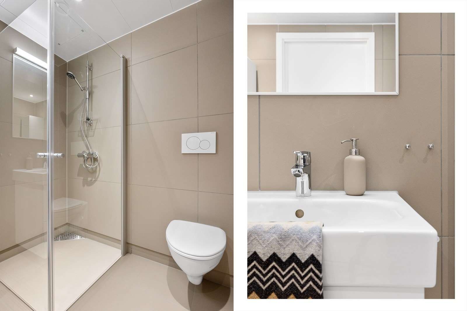 Badet måler ca. 5 kvm og har vannbåren gulvvarme som gir en lun følelse til rommet. Galleribilde