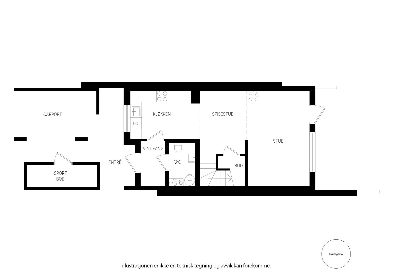 Praktisk planløsning med carport, sportsbod, moderne kjøkken, spisestue og stue. Perfekt for en familie som ønsker komfort. Galleribilde