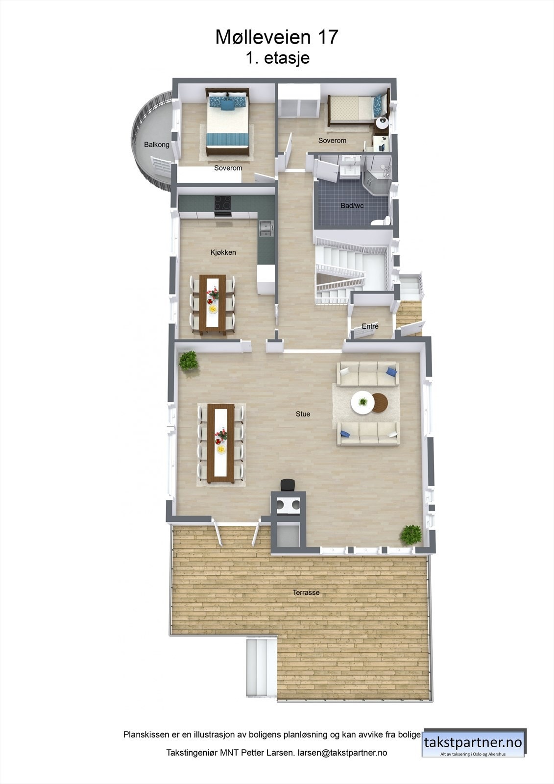 Hovedetasjen har en stor og lys stue med utgang til terrassen, i tillegg finnes et pent kjøkken, to soverom og et delikat bad. Galleribilde