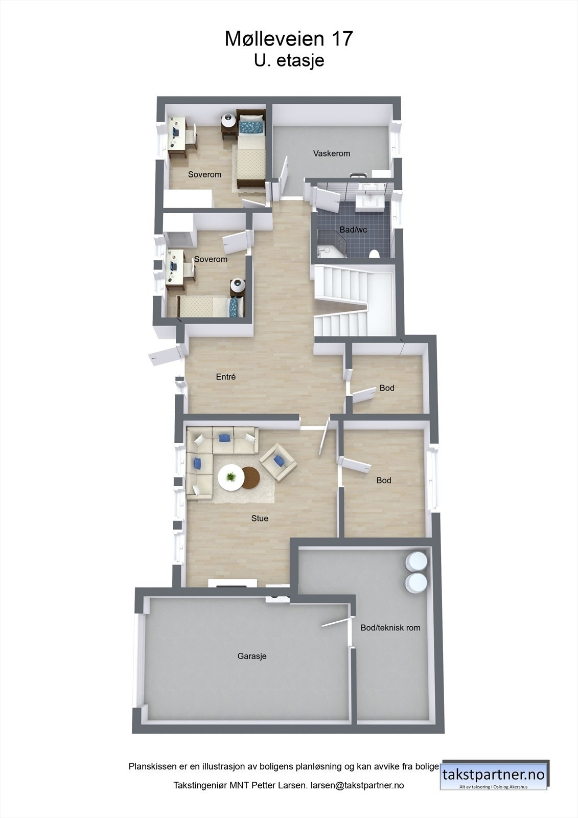 Underetasjen rommer både stue, stort garderoberom, bad, vaskerom og to soverom. Galleribilde