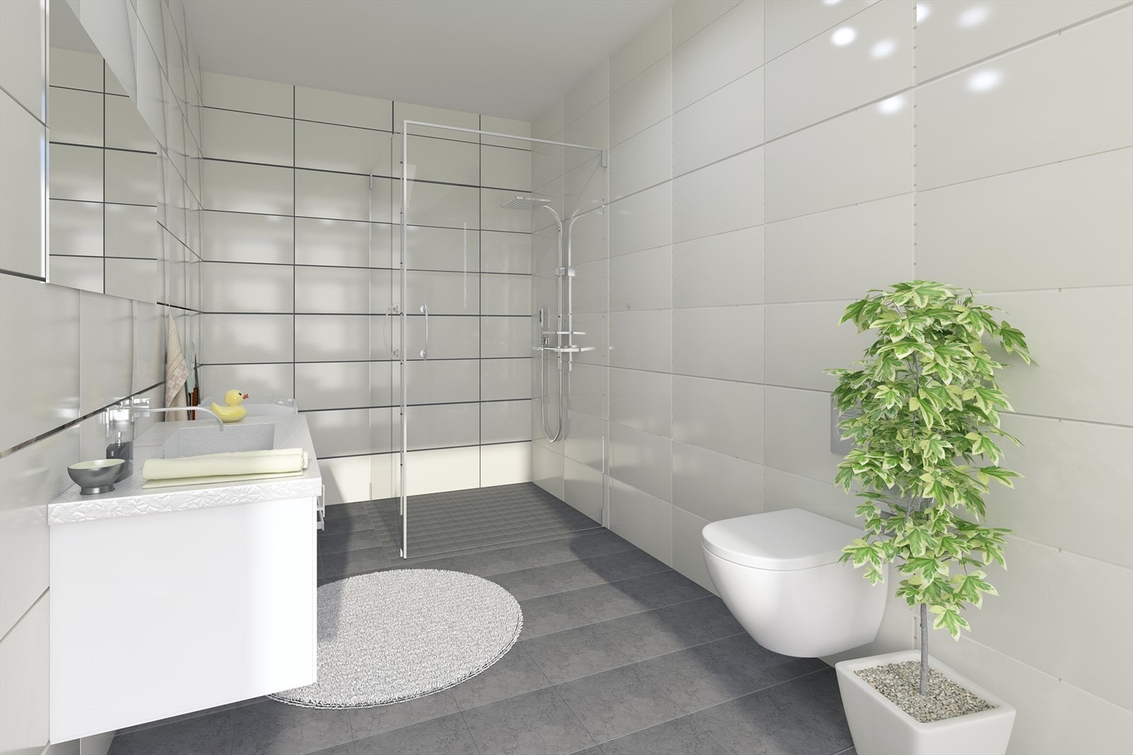 Bad med ned dusjhjørne, vegghengt wc og plass for vaskemaskin. Illustrasjonsfoto Galleribilde