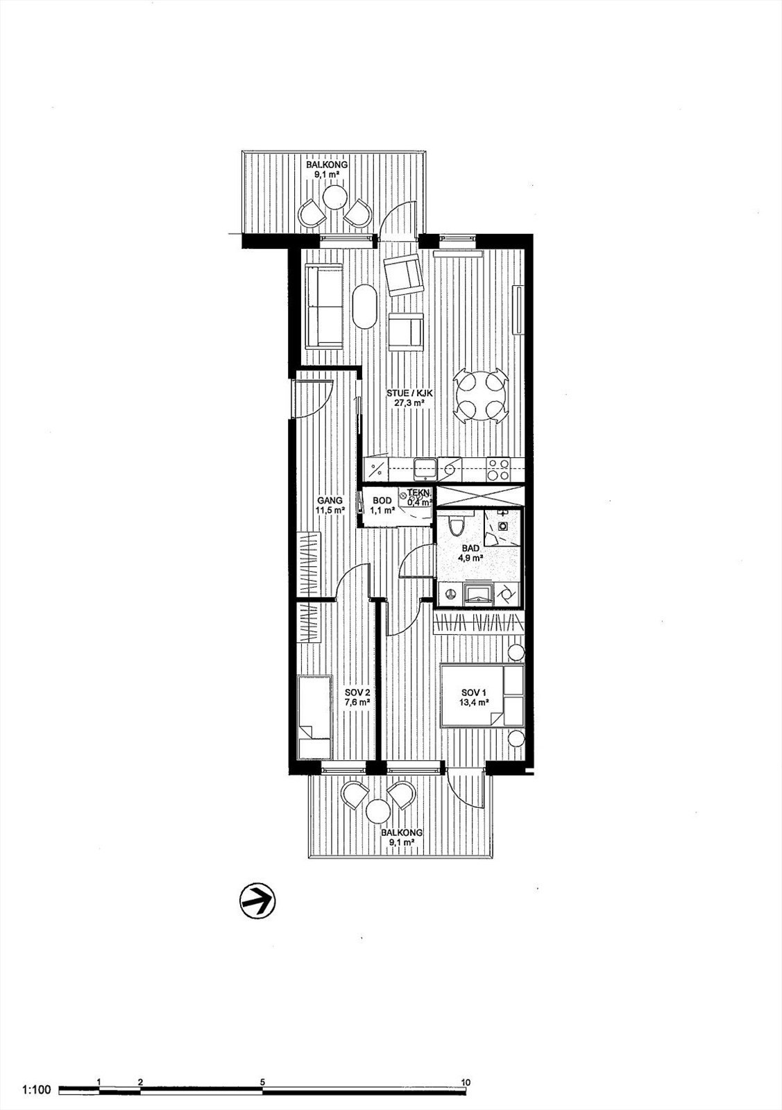 Plantegning 3-roms på 70kvm med 2 balkonger Galleribilde