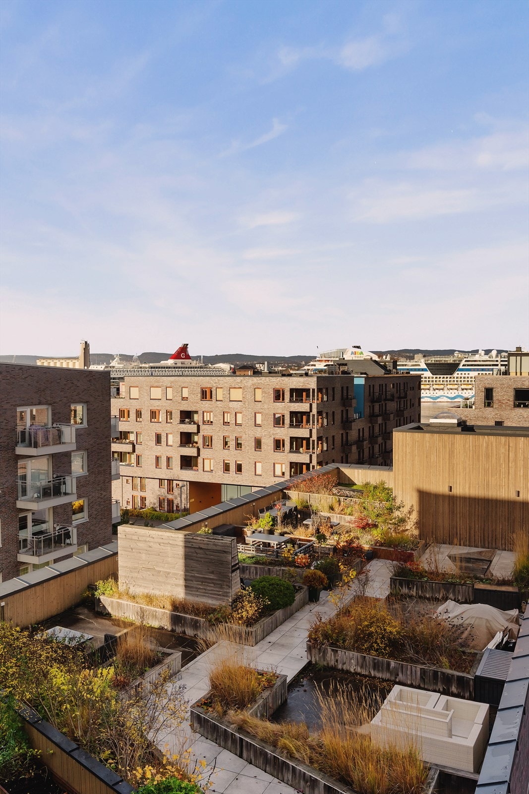 Oversikt over felles takterrasse. Flere skjermede sittegrupper Galleribilde