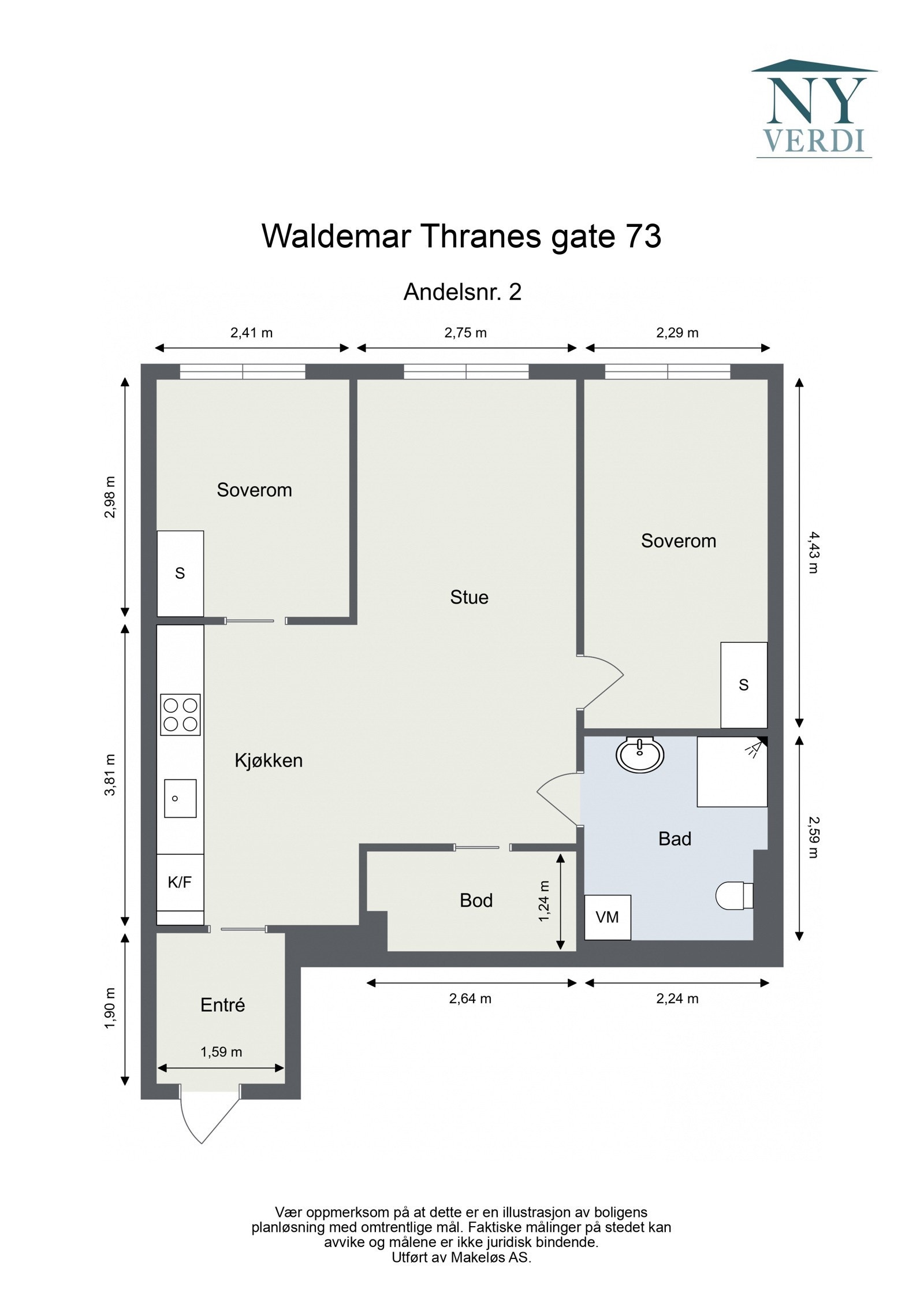 Plantegning 2. etasje. I tillegg disponerer leiligheten en kjellerbod på ca. 8m². Heis i bygget. Galleribilde