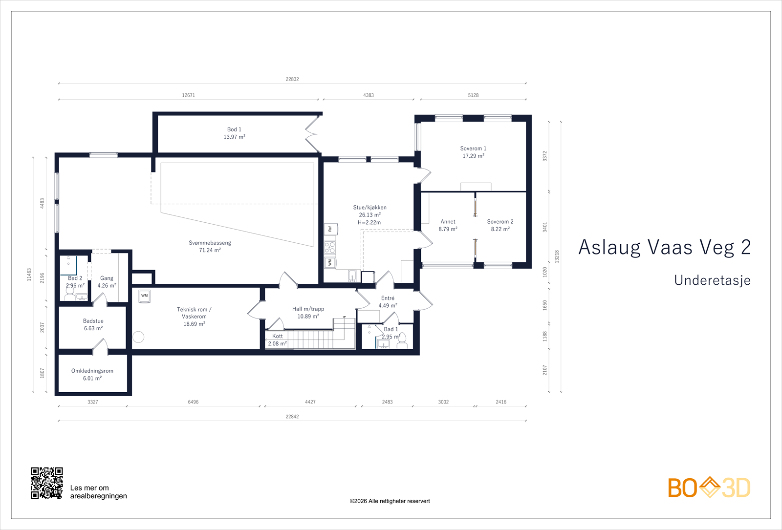 Underetasje: BRA-i ca. 206 m²: Entré, stue/kjøkken, to soverom, bad/wc, trapperom, kott, teknisk rom, badstue, bad/wc 2 (ved bassengområdet) og bassengrom. BRA-e ca. 16 m²: Bod under terrassen Galleribilde