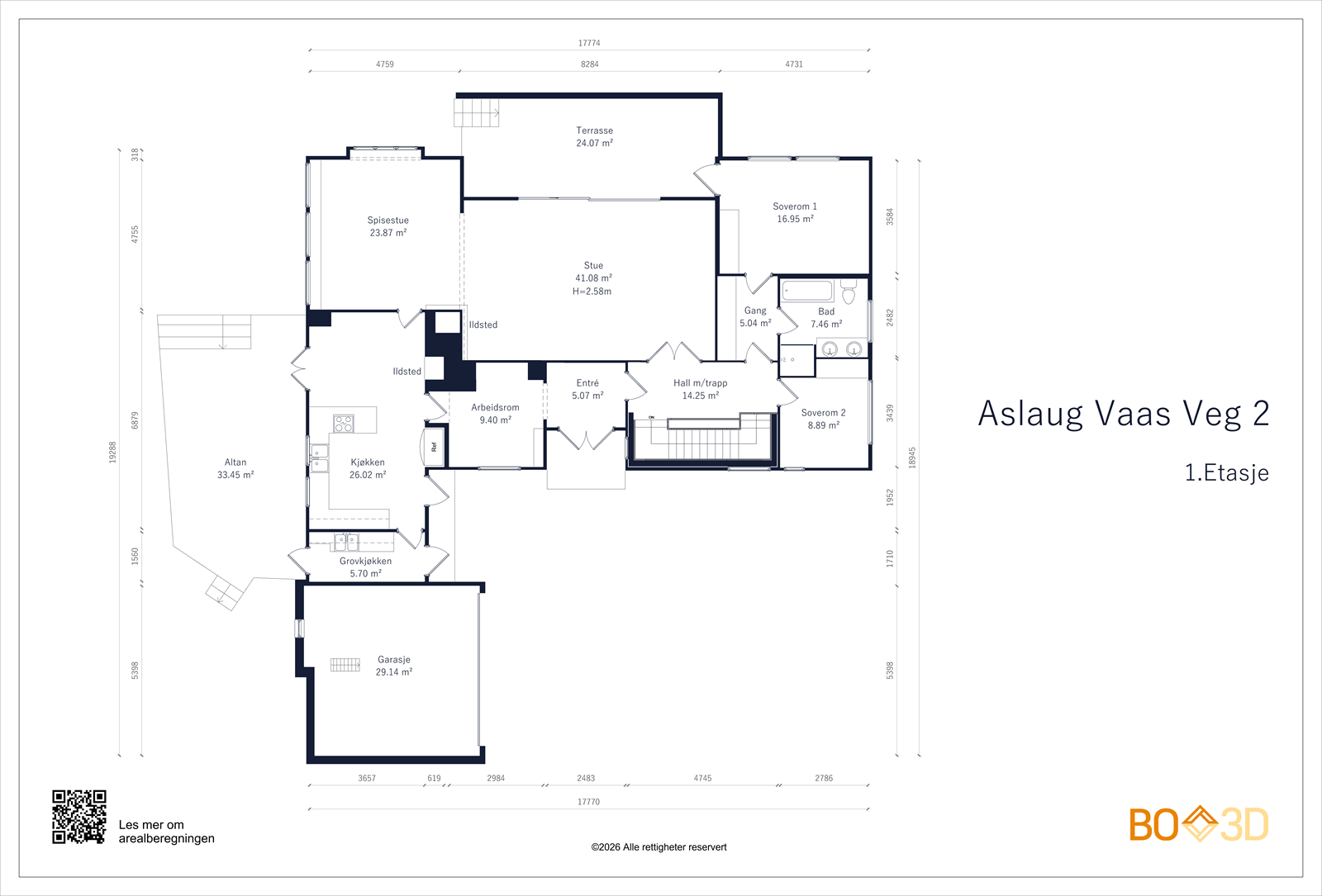 1. etasje: BRA-i ca. 173 m²: Entré, gang, kjøkken, spisestue, stue, trapperom, to soverom, arbeidsrom/soverom, gang, bad/wc. BRA-e ca. 30 m²: Garasje Galleribilde