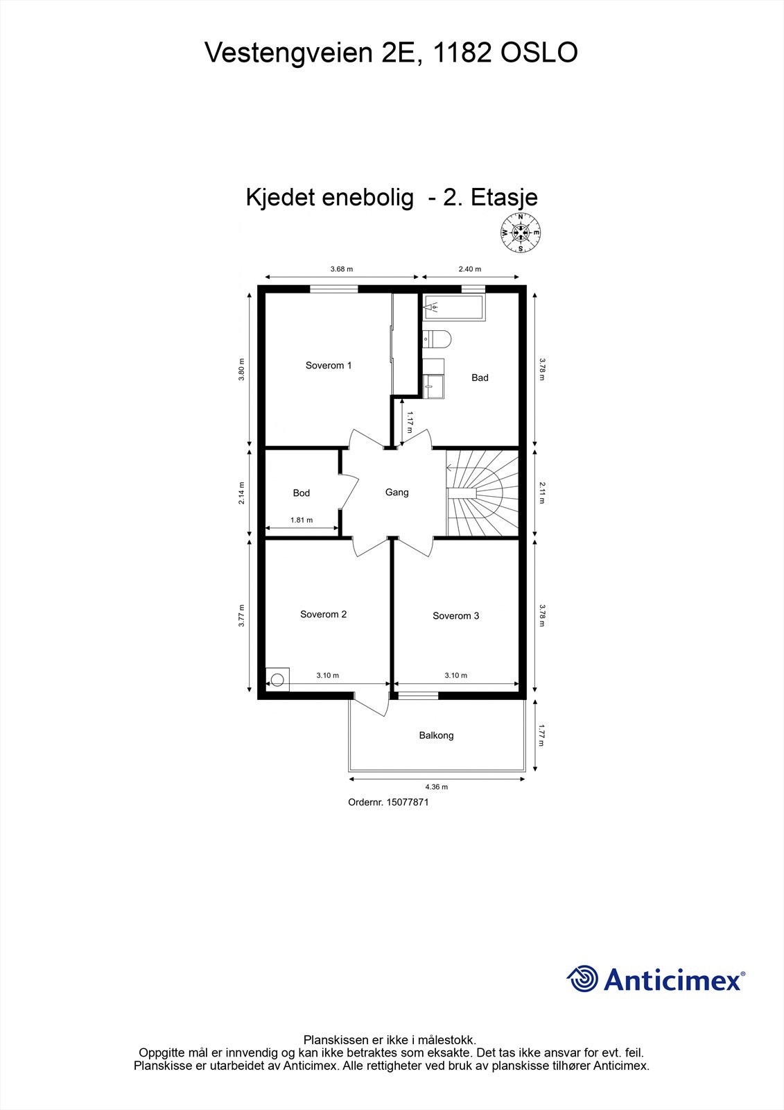 Andre etasje inneholder tre soverom, et romslig bad, en bod og utgang til balkong. Galleribilde