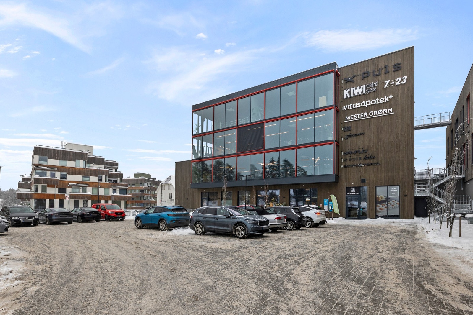 Gangavstand til nytt nærsenter fra 2024 med treningssenter, Kiwi, apotek, Mester Grønn, sushi m.m. Galleribilde