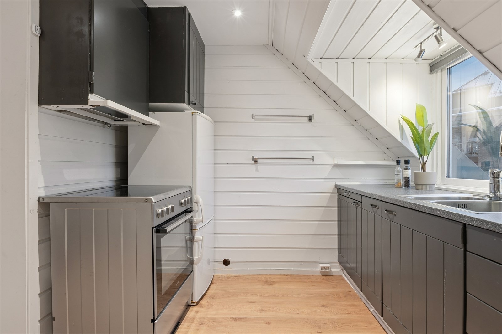 Hvitevarer på kjøkkenet medfølger handelen. Dette inkluderer kombinert kjøl- og fryseskap, komfyr med ventilator og oppvaskmaskin. Galleribilde