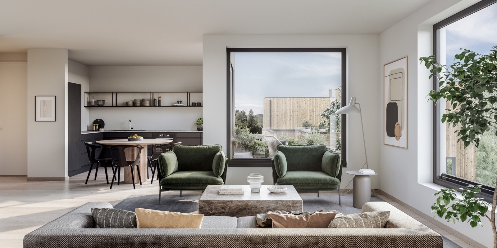 Listefri overgang mellom vegg og tak, kjøkkeninnredning med glatte fronter skaper en elegant og tidløs atmosfære. Galleribilde