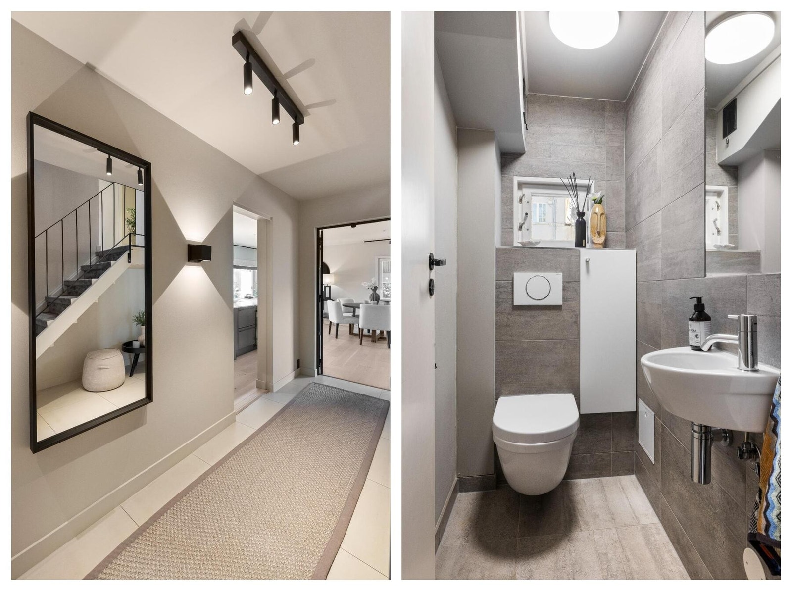 Etasjen har et flislagt toalettrom med vegghengt toalett, servant og speil. Et integrert skap gir praktisk oppbevaringsplass. Galleribilde