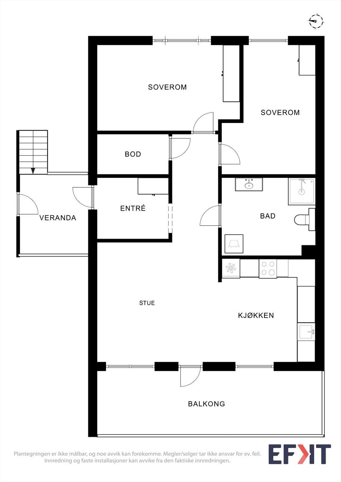 Planløsningen er arealeffektiv og inneholder entré, stue/kjøkken, bad, to soverom og en bod. Galleribilde