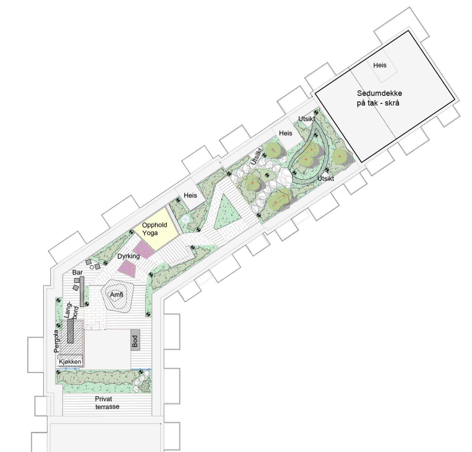 Plantegning av takterrassen på hele 400 kvm. Galleribilde