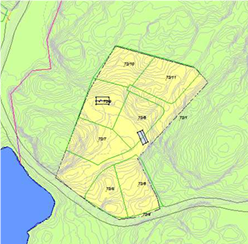 Utklipp fra kommuneplanens arealdel. Viser 7 utskilte tomter som er avsatt til boligformål Galleribilde
